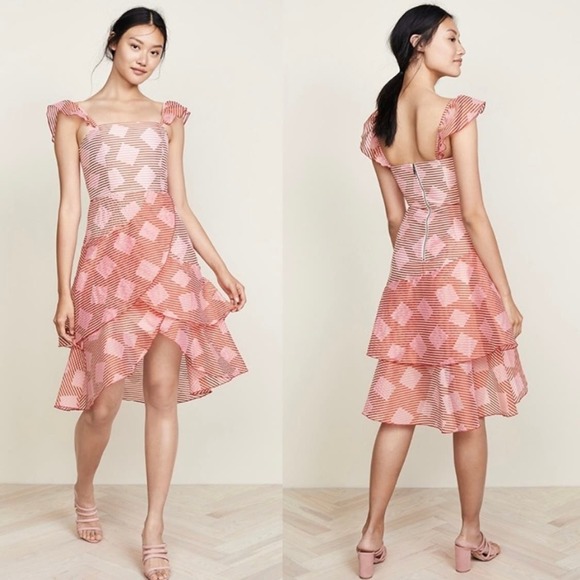 ALICE + OLIVIA Angelita Dress Women 4 Red Pink Sheer Stripe Ruffle Layered Party - Picture 1 of 16